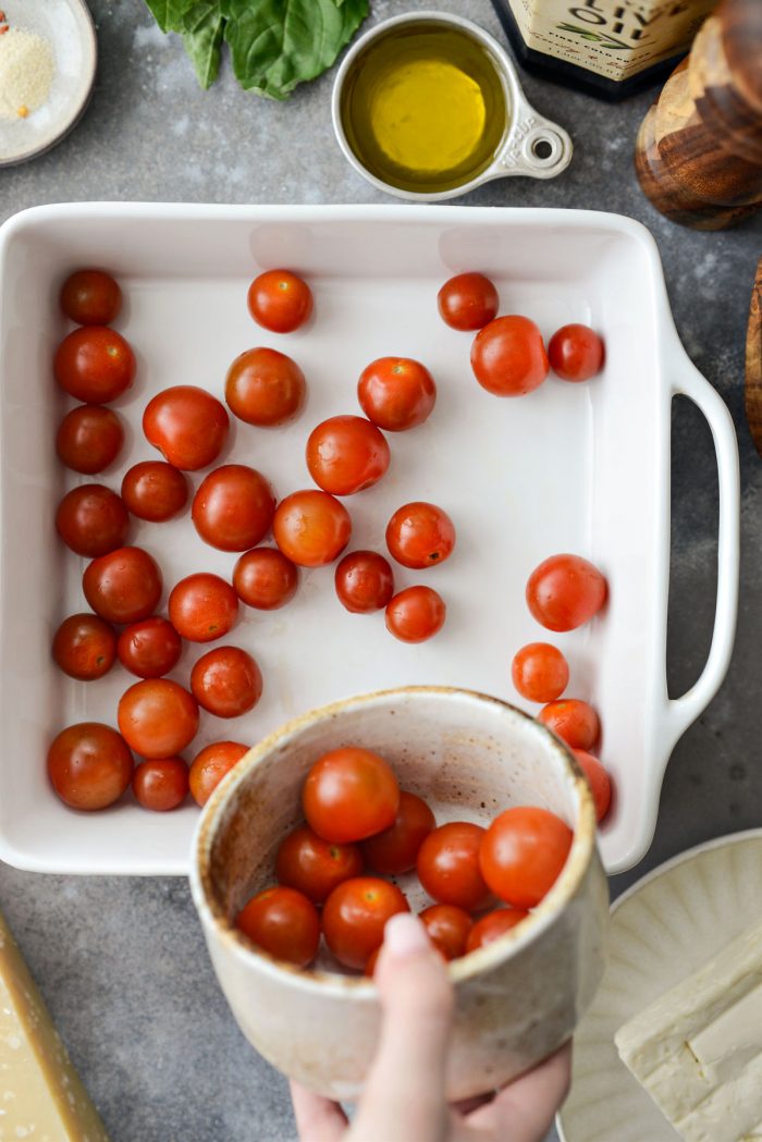 cherry tomatoes in a baking dish