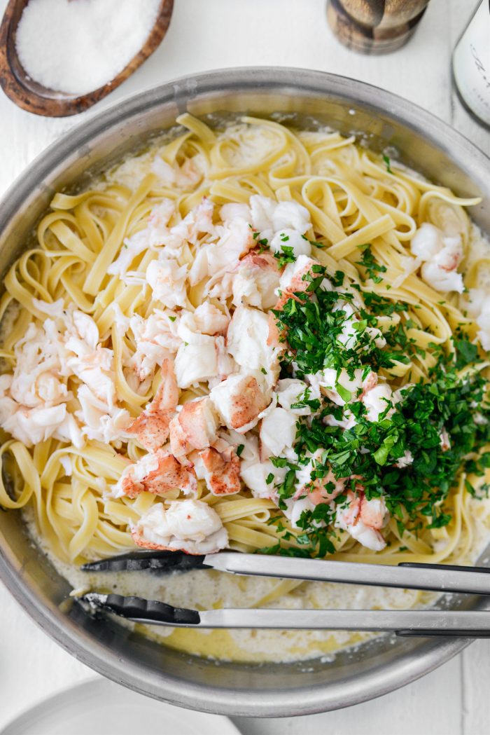 add cooked pasta, chopped lobster, parsley and lemon juice.