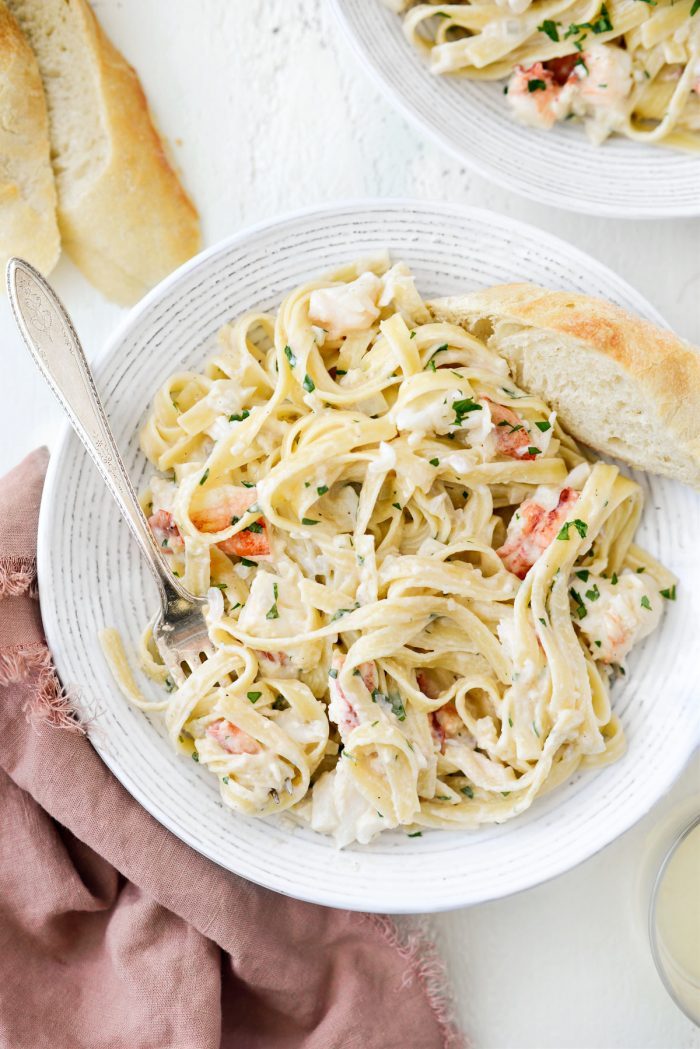 Homemade Garlicky Lobster Fettuccine Alfredo.