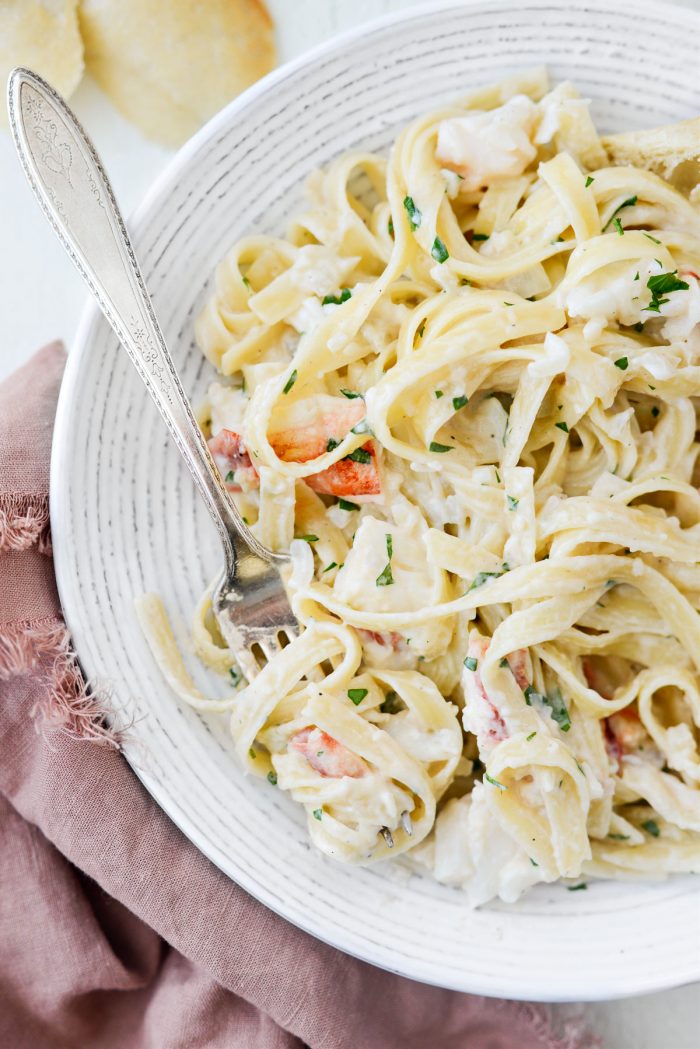 close up of fork with Garlicky Lobster Fettuccine