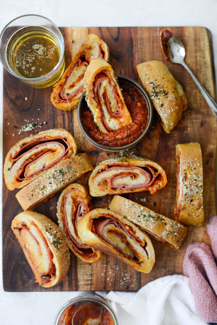 Homemade Stromboli on wood serving board