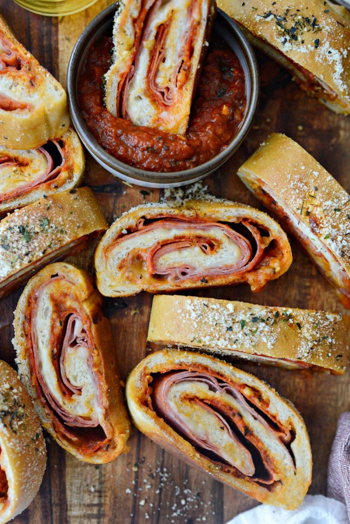 Homemade Stromboli on wooden platter