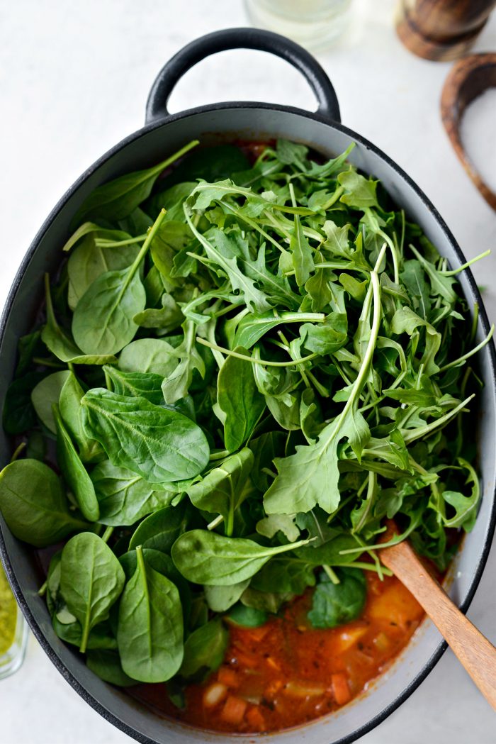 spinach and arugula added to soup