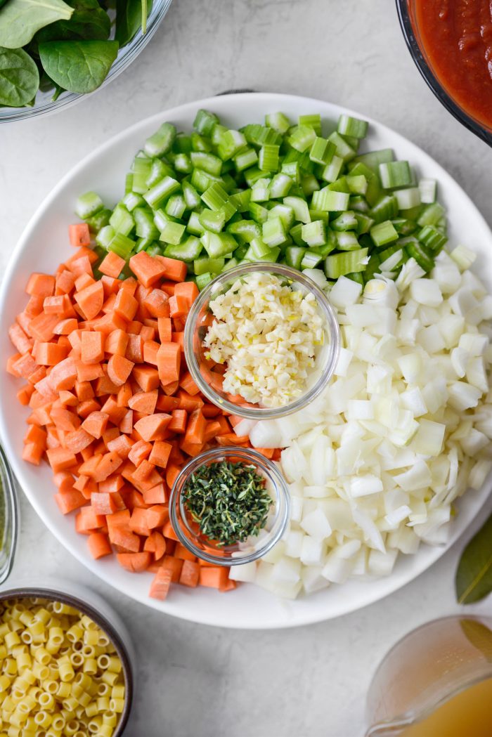 diced carrot, celery, onion, garlic and thyme