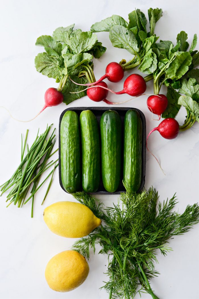 radish, cucumber, lemons, dill and chives