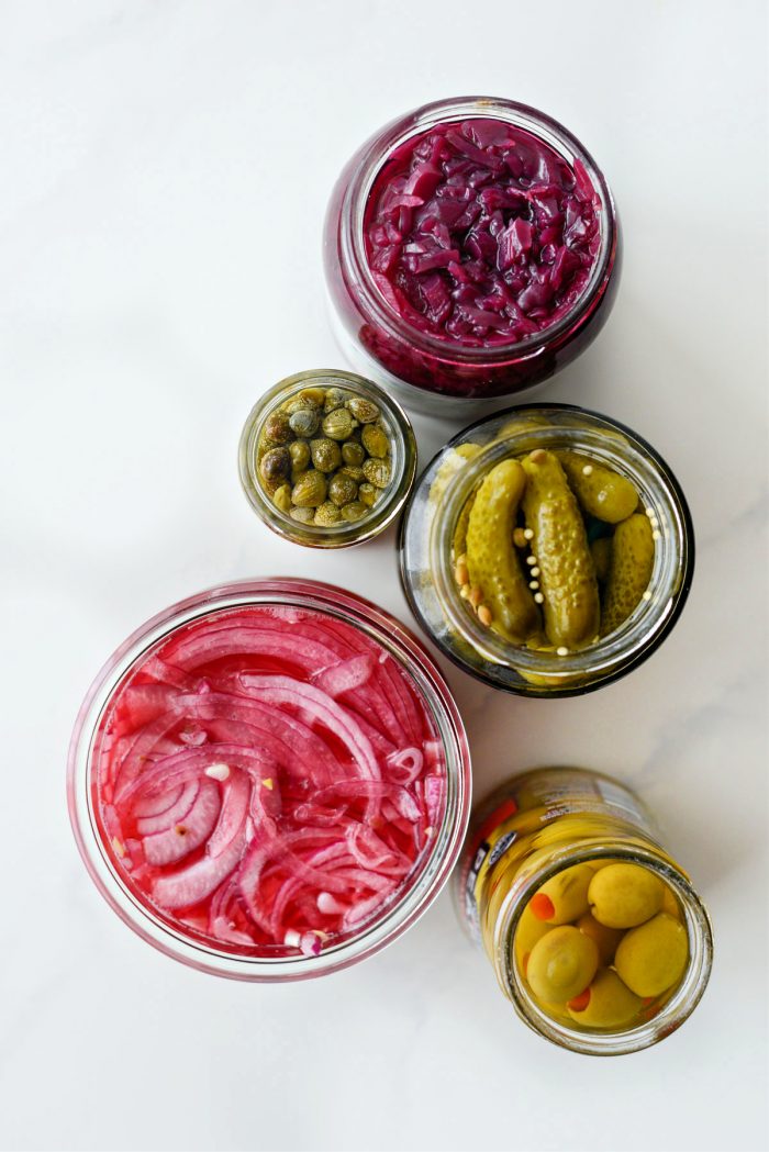 an assortment of pickled items