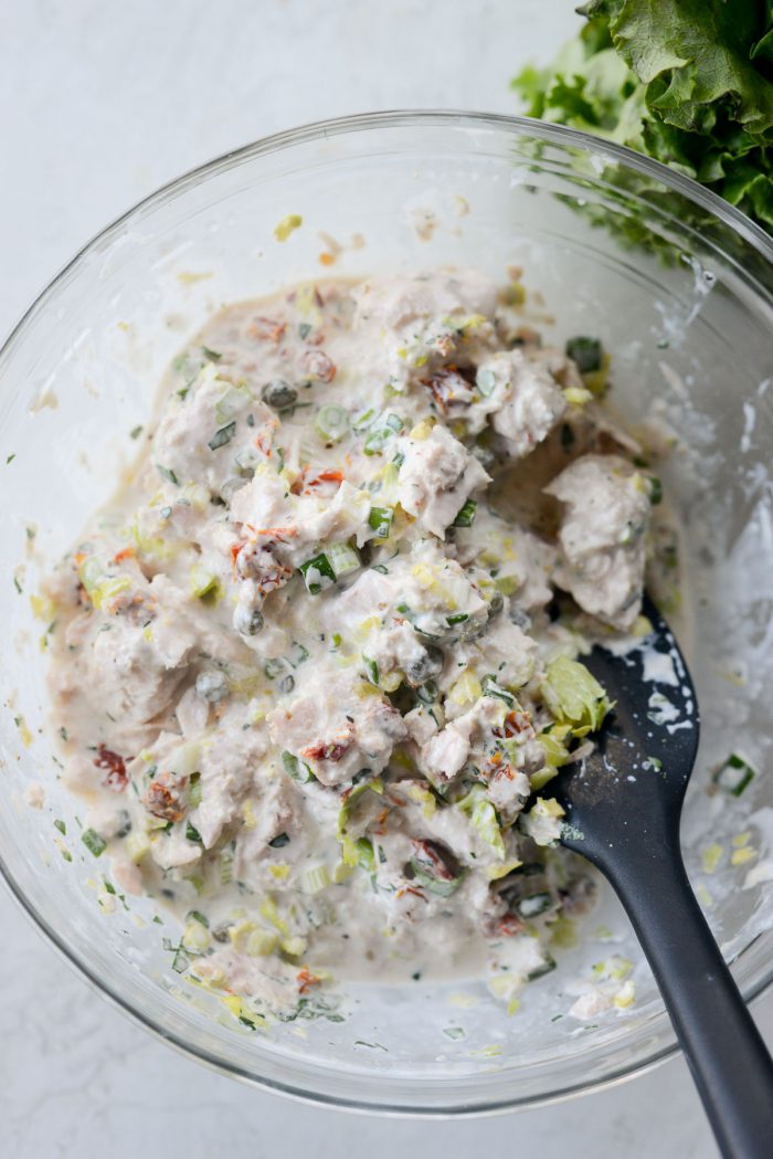 combined Sun-dried Tomato Tuna Salad in glass bowl