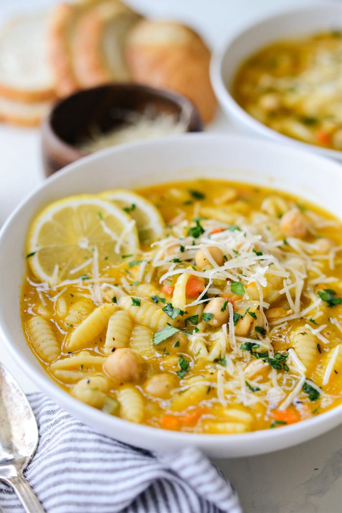 white bowl with Lemon Chickpea Soup