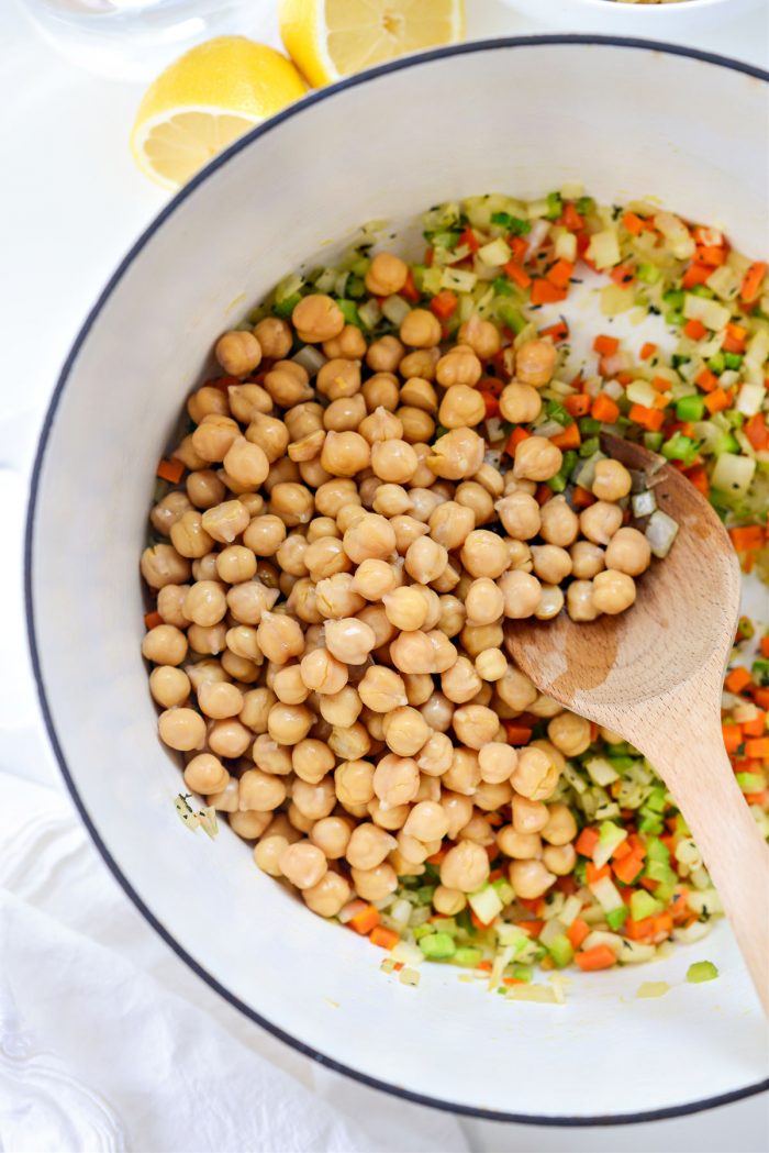 chickpeas added to sauteed veggies