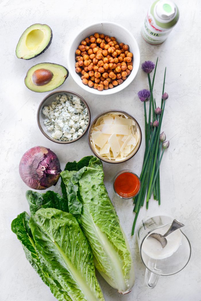 ingredients for Air Fryer Buffalo Chickpea Caesar Salad