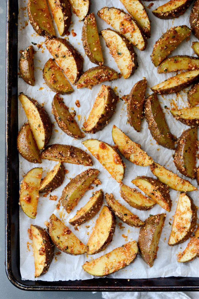 arrange potatoes on parchment lined, rimmed sheet pan