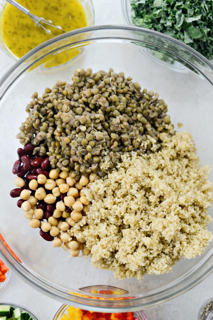 cooked beans, quinoa and lentils in a bowl.