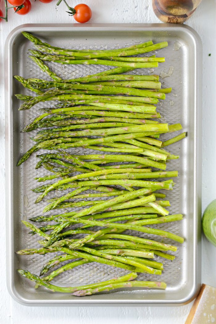 trimmed asparagus on pan