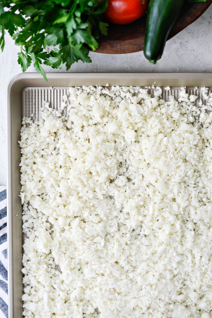 cauliflower rice on sheet pan