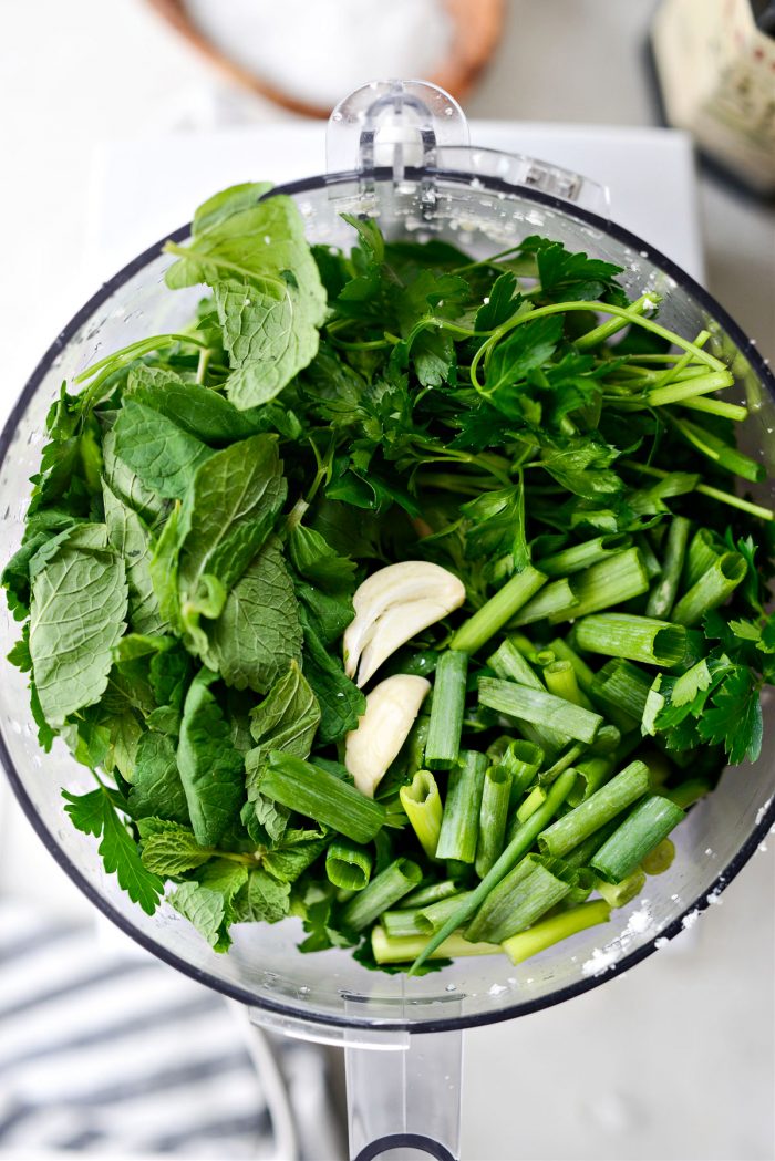 parsley, mint, green onion and garlic in food processor