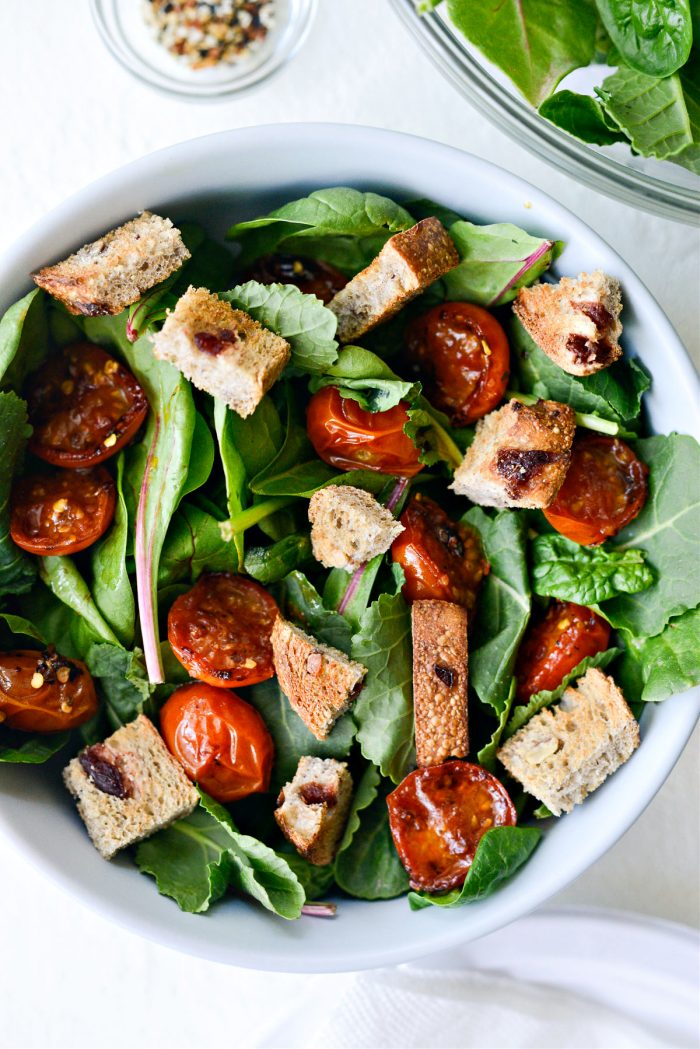 power greens, seared tomatoes and toast