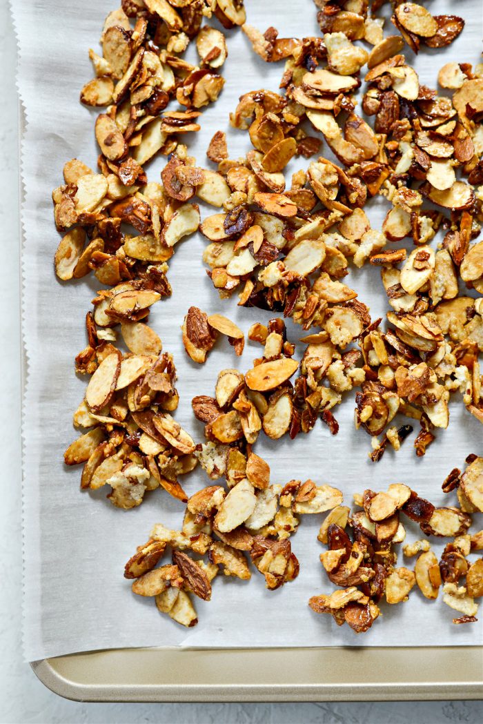 transfer candied almonds to a parchment lined pan