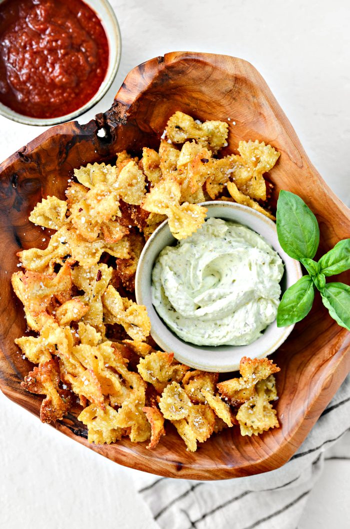 Air Fryer Pasta Chips with Pesto Dip
