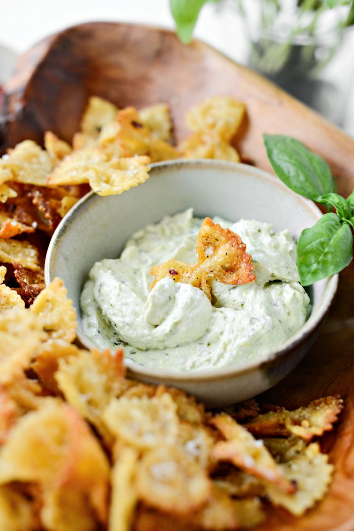 Air Fryer Pasta Chips with Pesto Dip