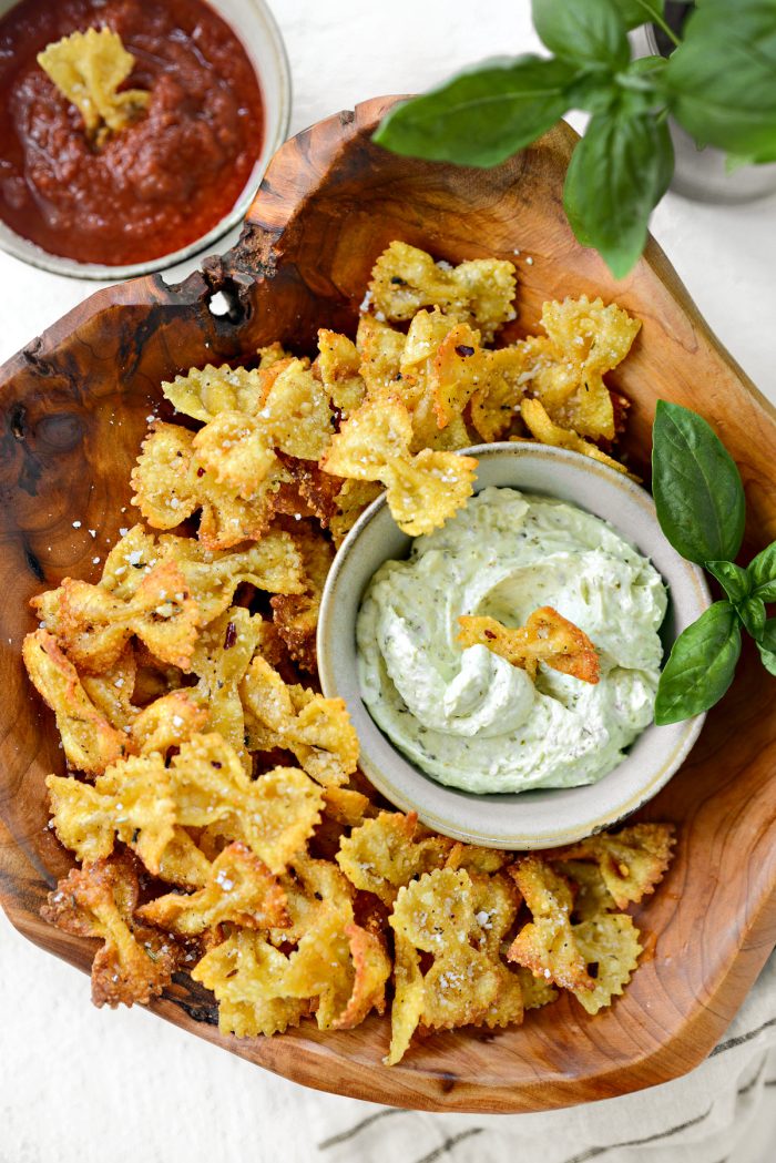 Air Fryer Pasta Chips with Pesto Dip