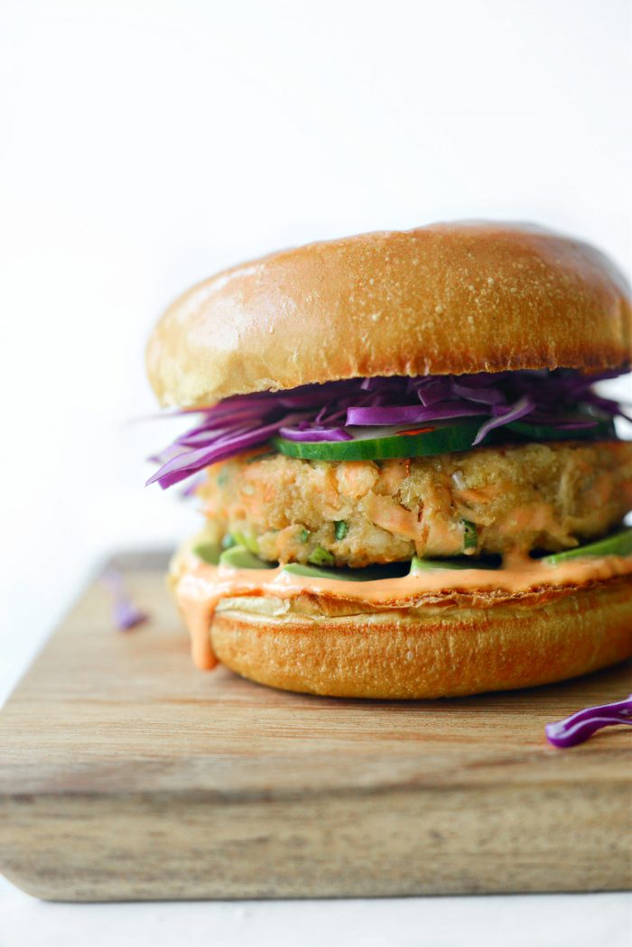 Salmon Burgers with Spicy Carrot Cucumber Slaw - Vikalinka