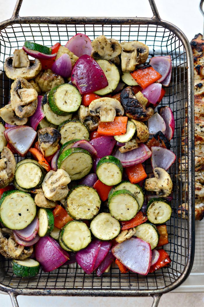 grilled veggies in basket off the grill