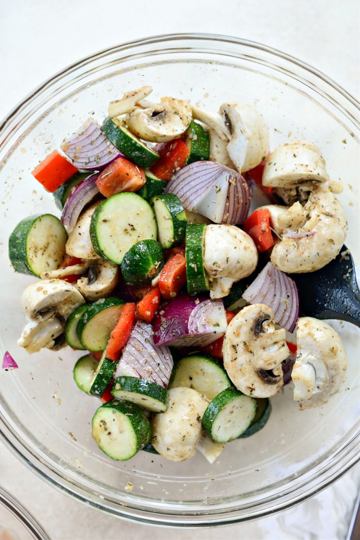 toss veggies in marinade