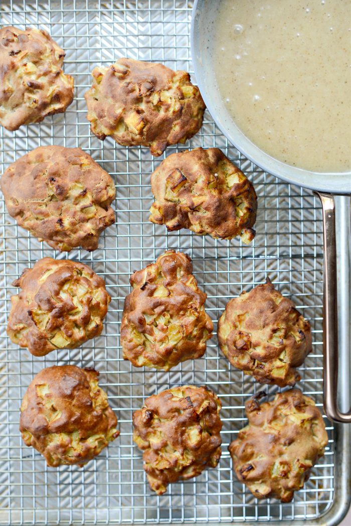 fritters on wire rack set into rimmed sheet pan.