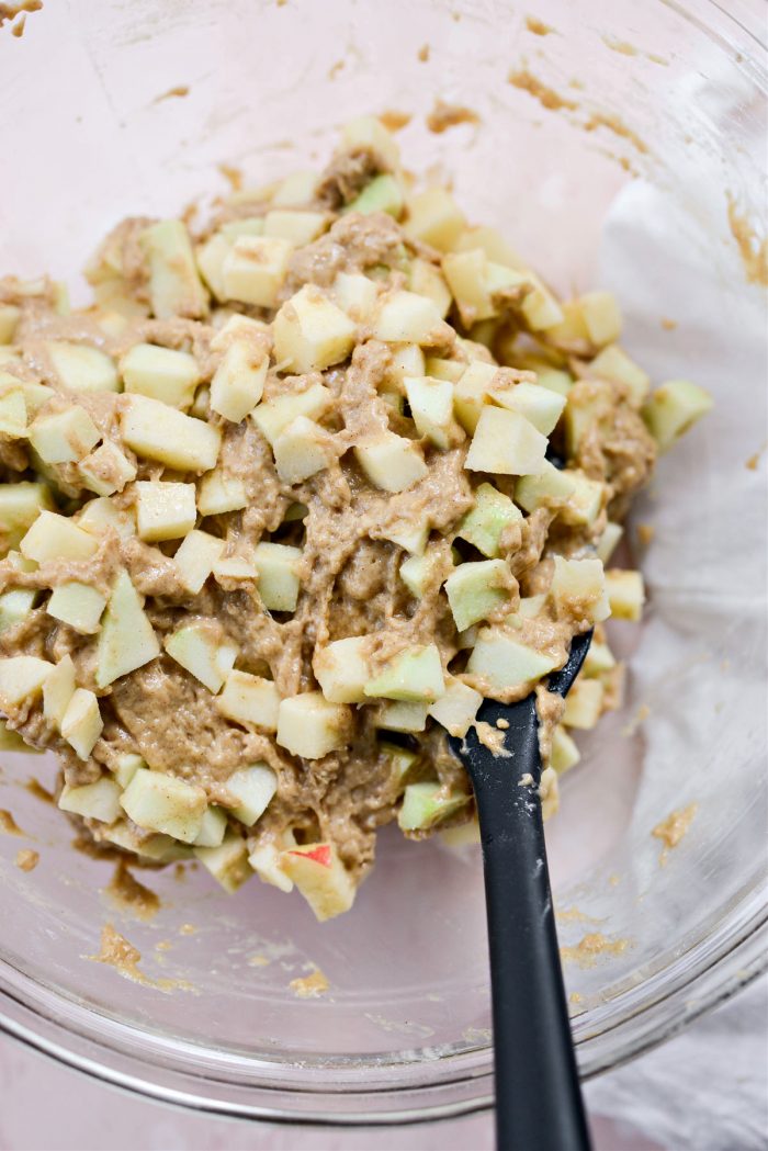 diced apples mixed into batter