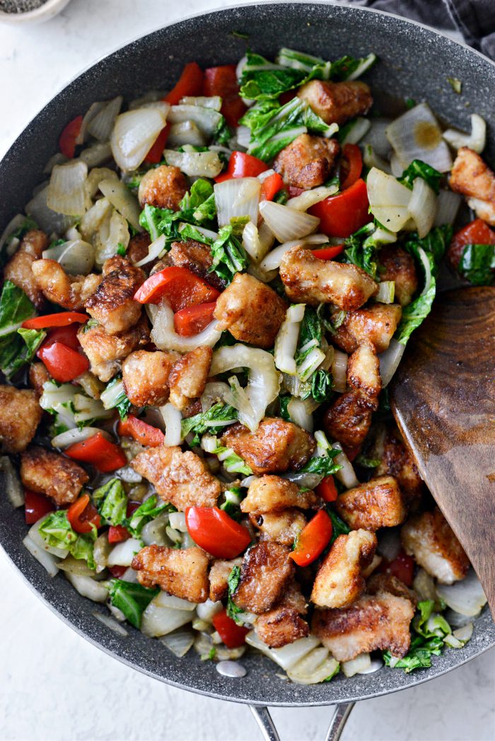 tossed chicken and vegetables in skillet