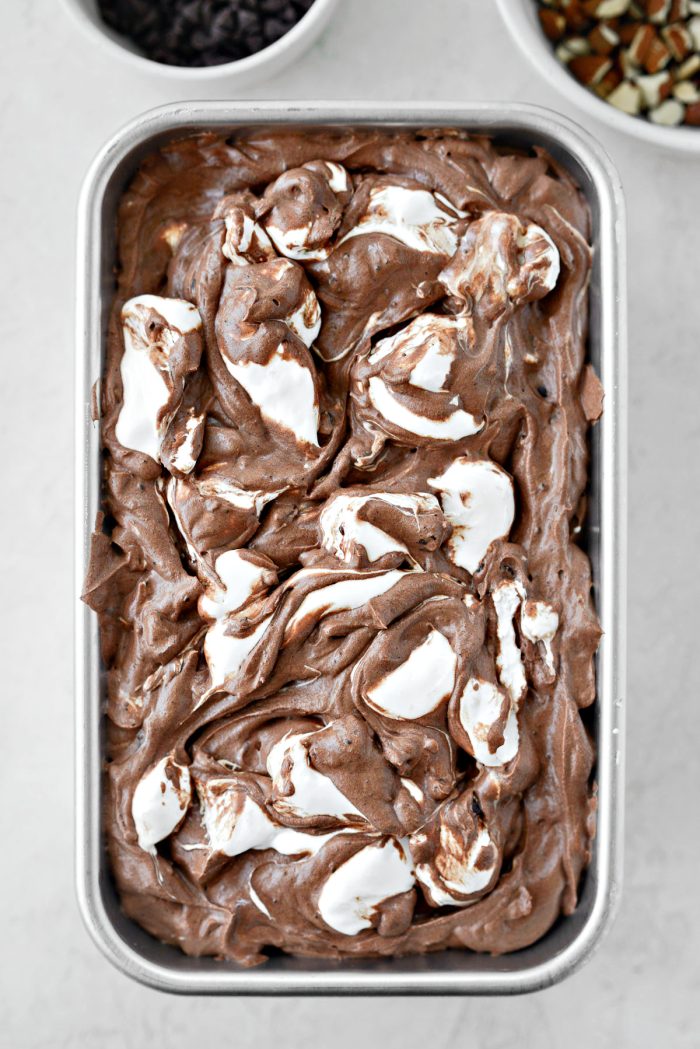 Transfer ice cream base to container and top with remaining fluff