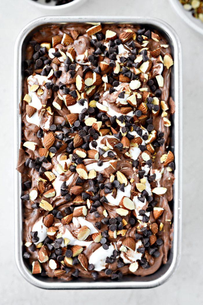 top with remaining roasted almonds and mini chips
