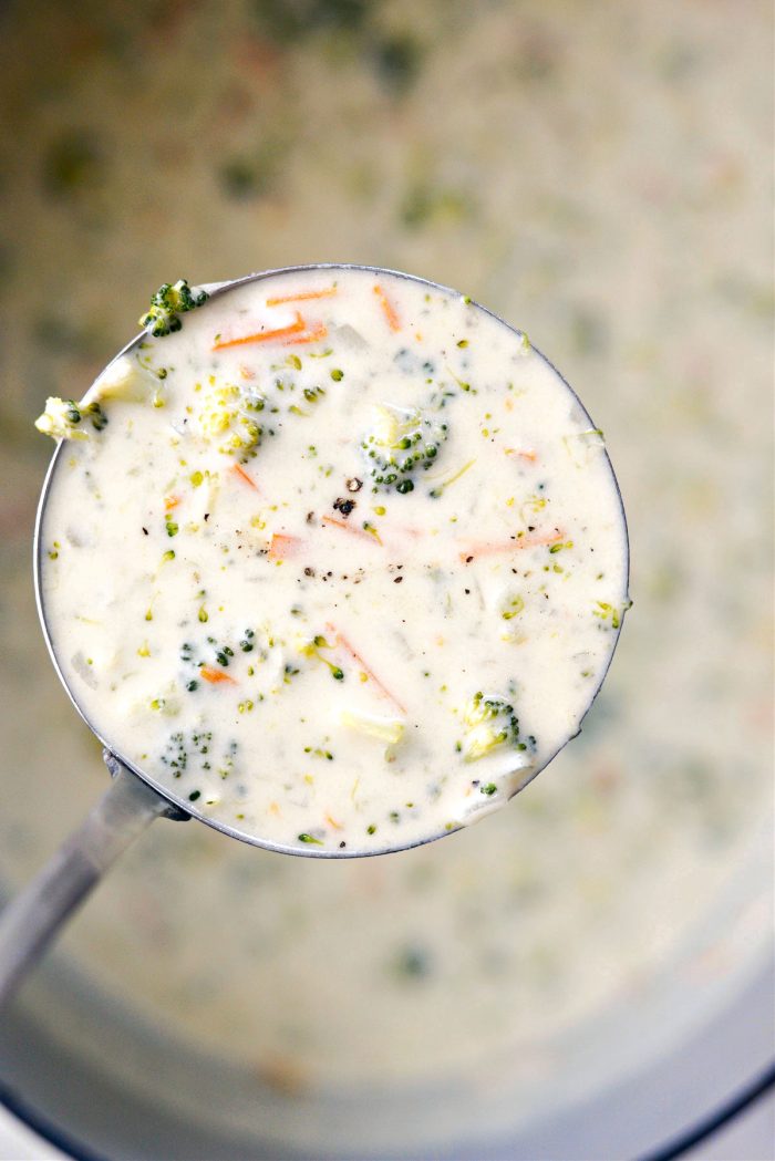 ladle of Simple Broccoli Cheddar Soup Recipe