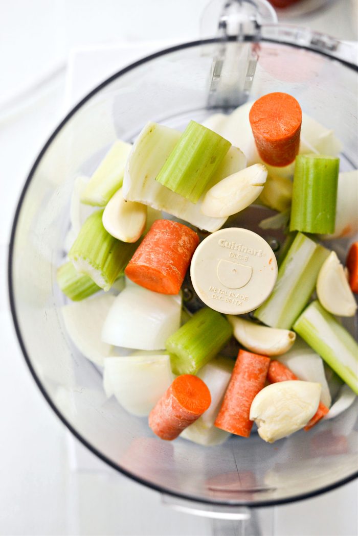 carrots, onion and celery in food processor