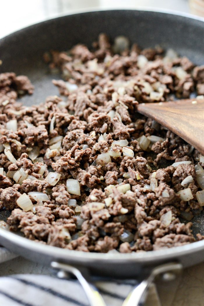 cooked ground beef, onions and garlic