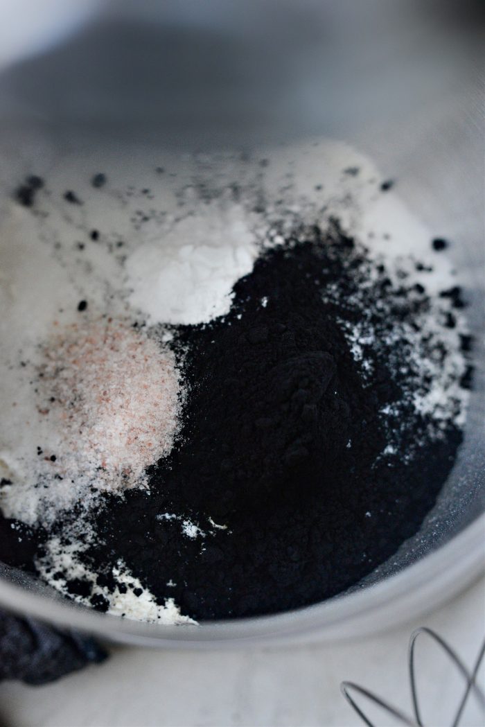 flour, sugar, black cocoa powder, fine salt and baking soda