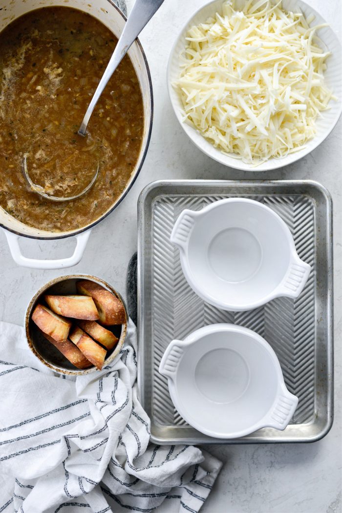 soup, toasted baguette, gruyere and soup bowls