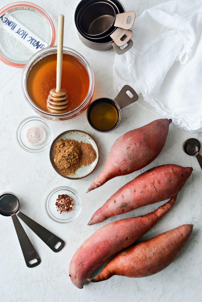 ingredients for Cinnamon Roasted Hot Honey Sweet Potatoes