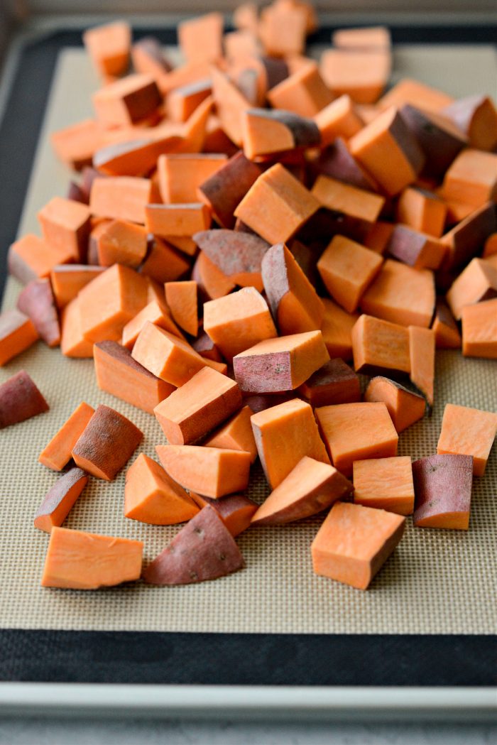 diced sweet potatoes in sheet pan