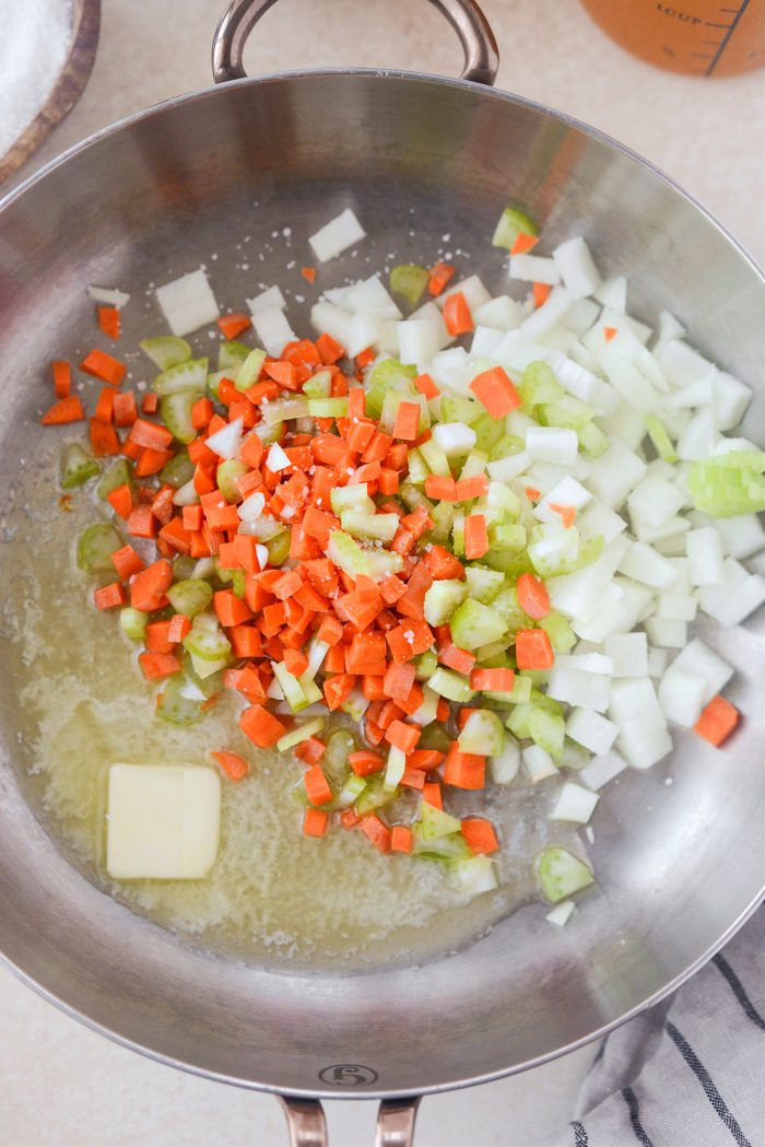 butter, carrots, celery and onion in skillet