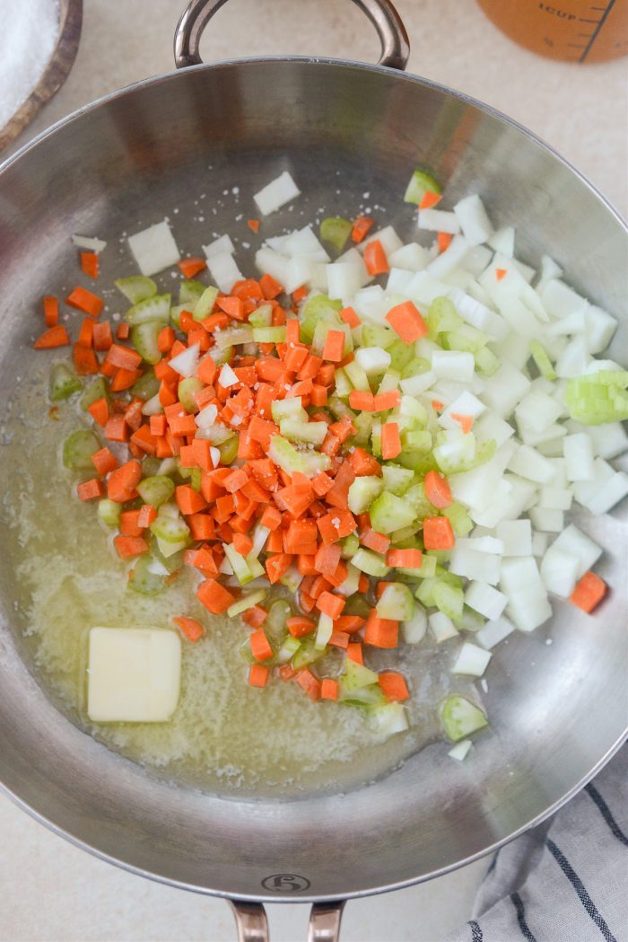 melt butter and add onion, carrot and celery
