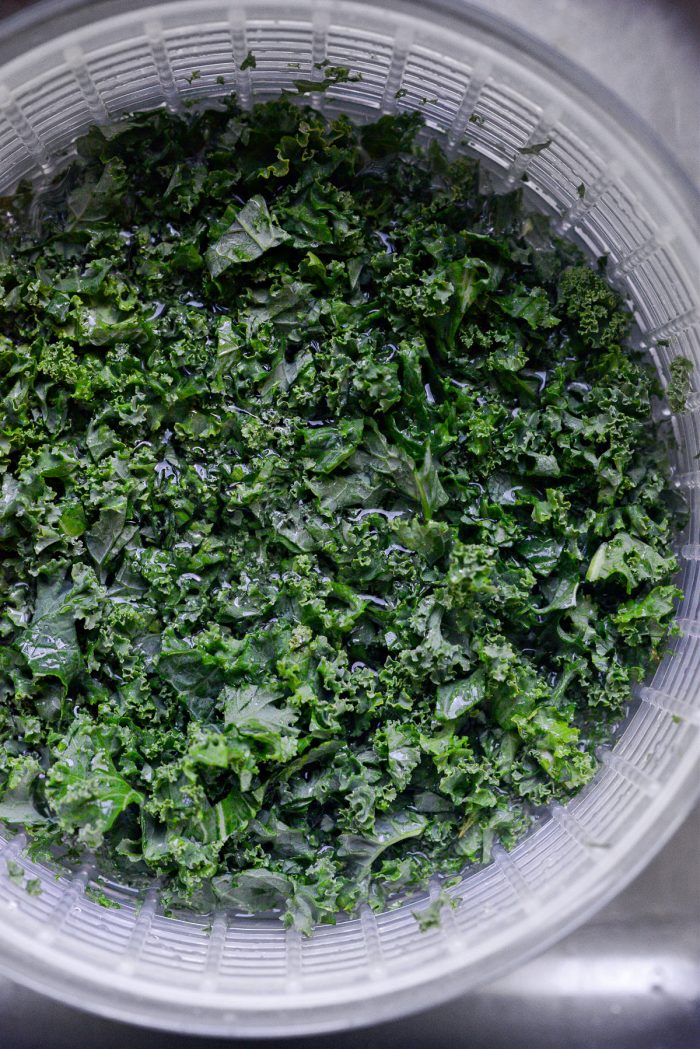strip kale leaves from stem, chop and wash