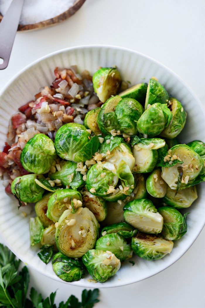 transfer brussels to bowl with bacon and shallot