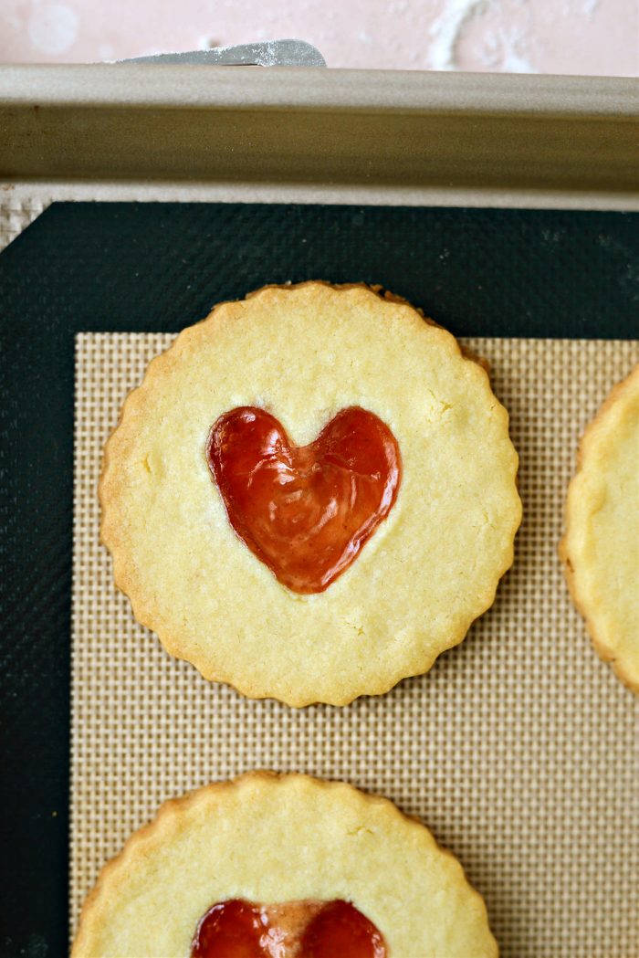 just baked Jam Heart Butter Cookies close up