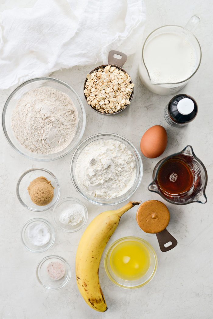 ingredients for Peanut Butter Oatmeal Banana Pancakes