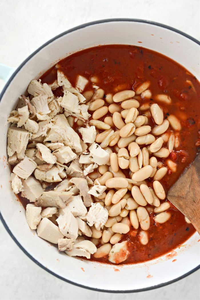 add chopped chicken and cannelini beans