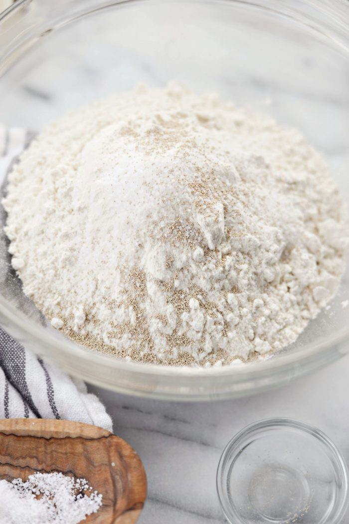 Measure and add dry ingredients to large mixing bowl
