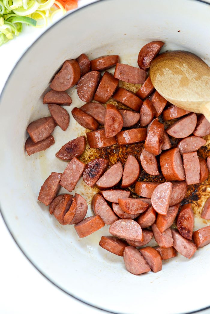 browned kielbasa in dutch oven then transfer to a bowl