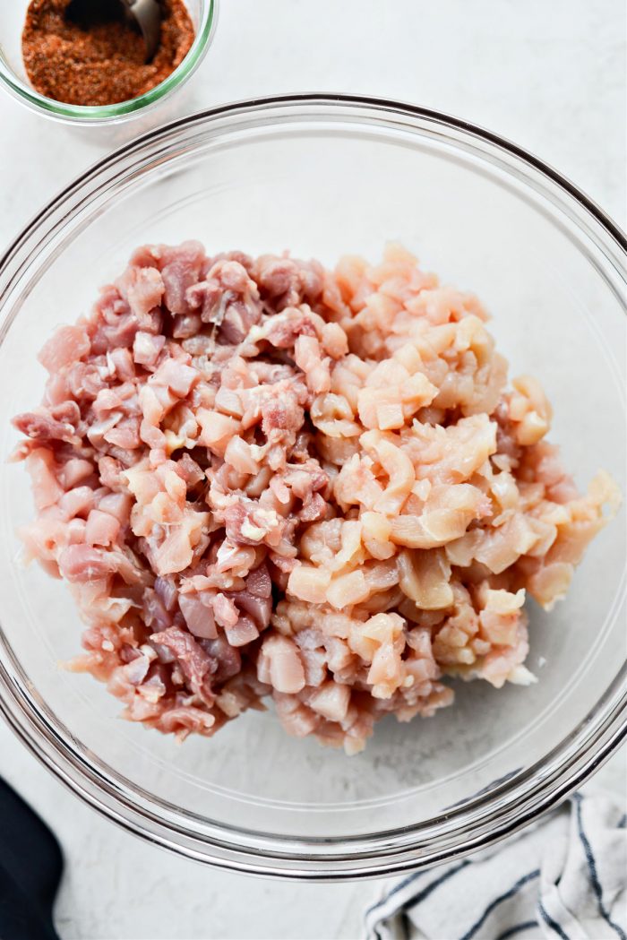 minced chicken breast and thigh meat in a bowl