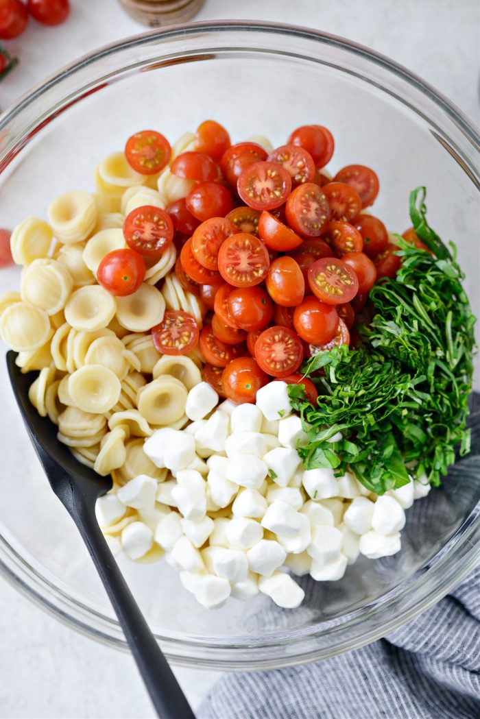 pasta, tomatoes, mozzarella and basil